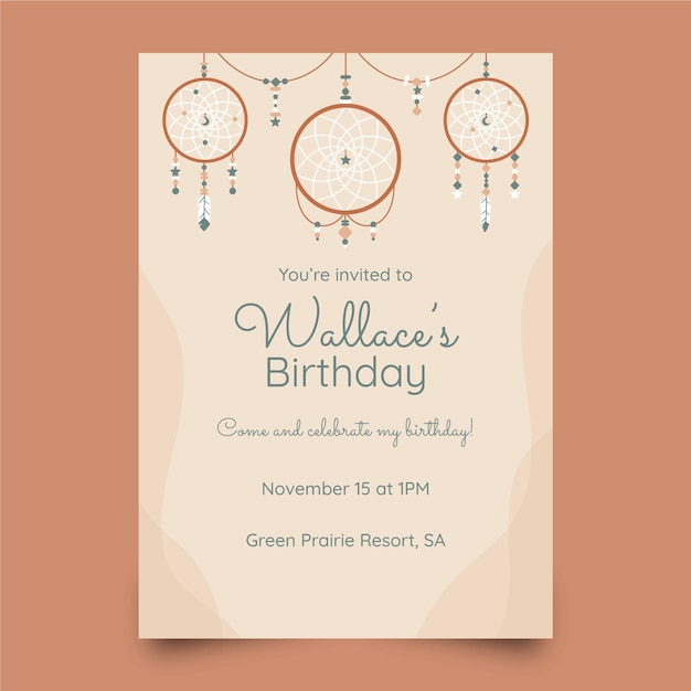 Hand drawn boho birthday invitation template