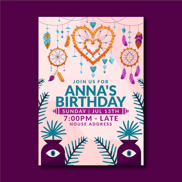 Free vector hand drawn boho birthday invitation