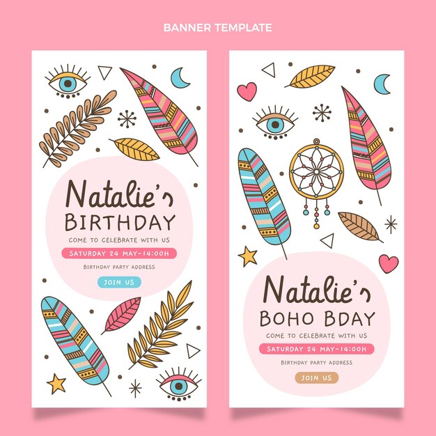 Hand drawn boho birthday vertical banners template