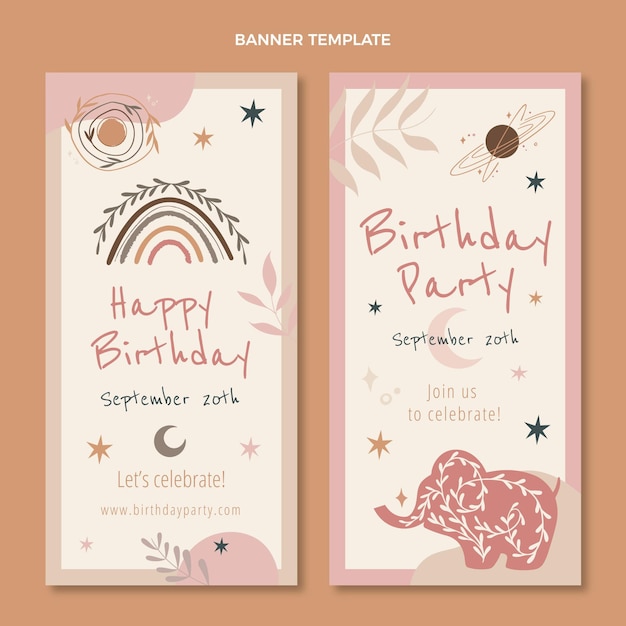 Hand drawn boho birthday vertical banners