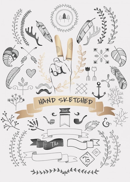 Hand drawn boho doodle element  vectors collection