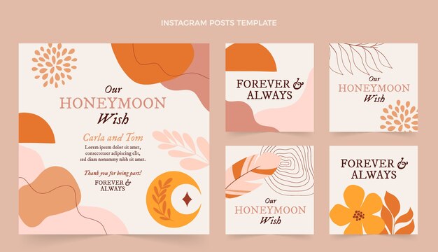 Hand drawn boho honeymoon instagram posts collection