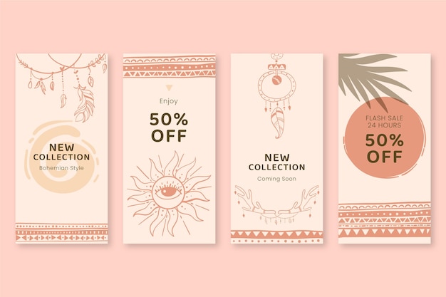 Free vector hand drawn boho instagram stories collection