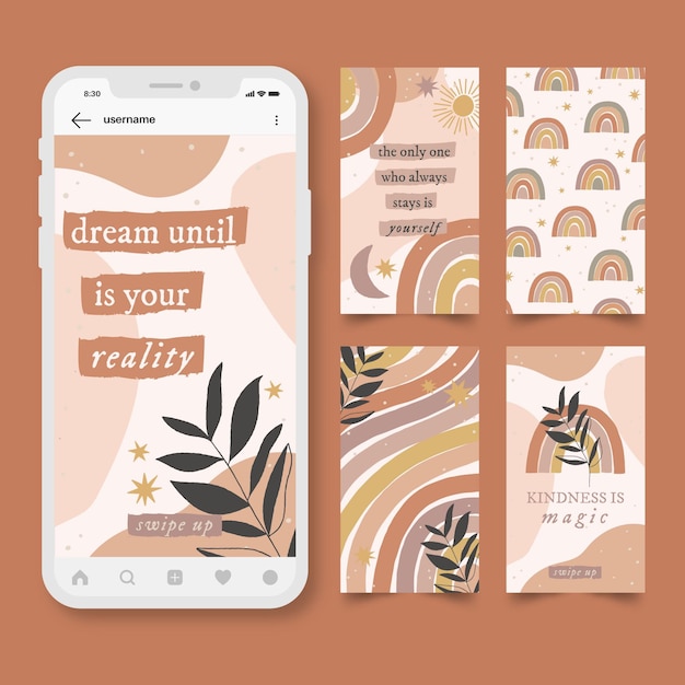 Collezione di storie boho instagram disegnate a mano