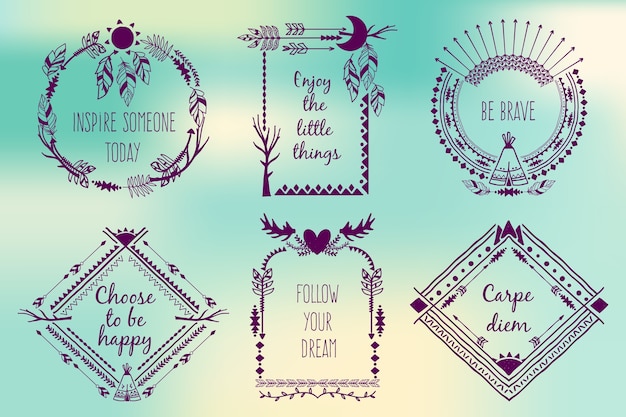 Hand drawn boho style frames with place for your text. Arrow and feather and horns, art vector illustration