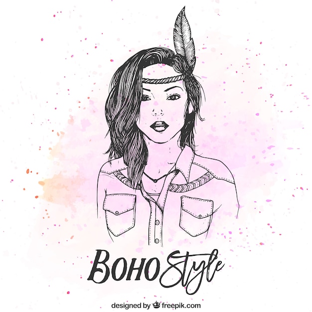 무료 벡터 손으로 그린 boho 스타일 소녀