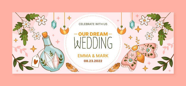 Free vector hand drawn boho wedding facebook cover