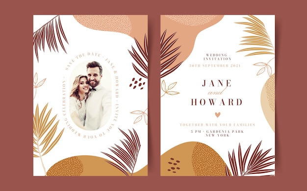 Hand drawn boho wedding invitation template with photo