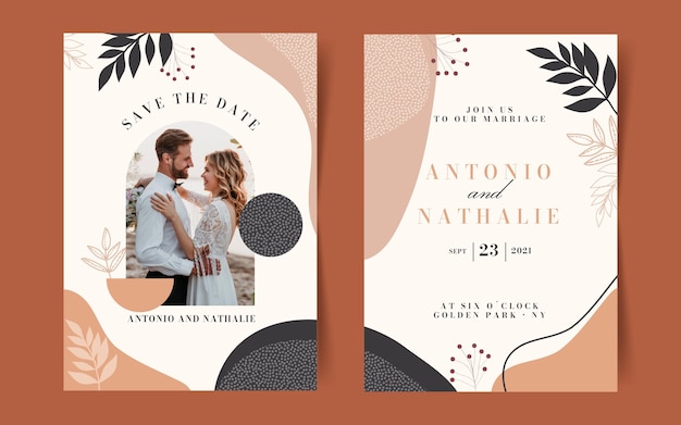 Hand drawn boho wedding invitation template with photo