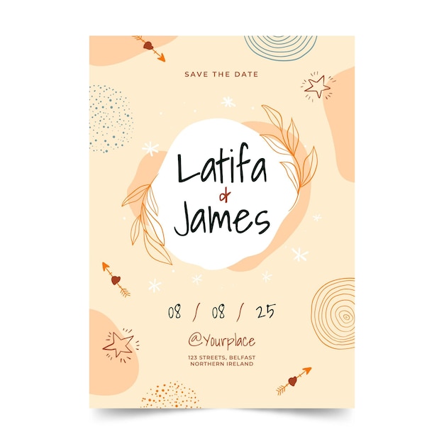 Hand drawn boho wedding invitation template