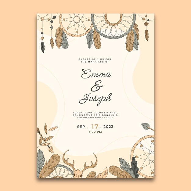 Hand drawn boho wedding invitation with dream catchers