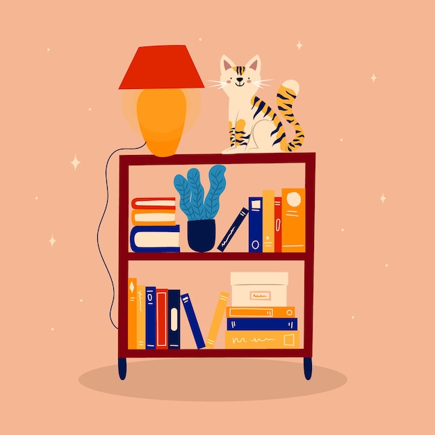 Free vector hand drawn book shelf with cat