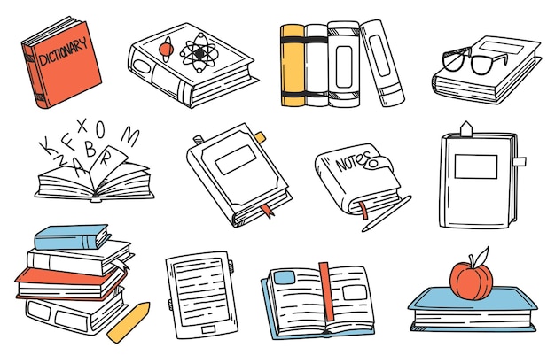 Insieme di doodle di libri disegnati a mano