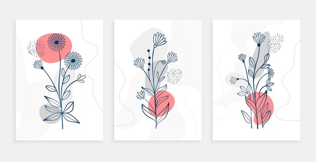 Hand drawn botanical flower leaves line art poster template set