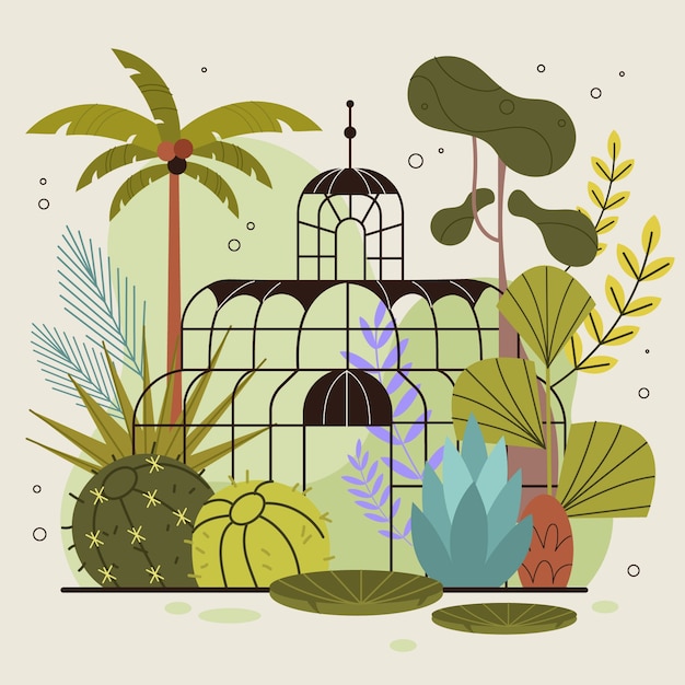 Vettore gratuito illustrazione disegnata a mano del giardino botanico