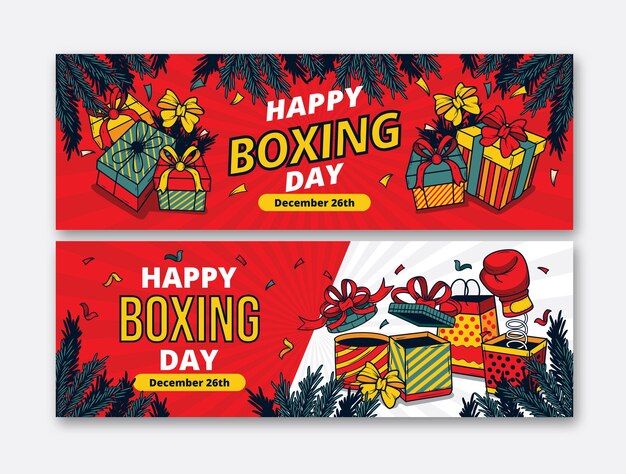 Vettore gratuito set di banner di vendita orizzontale di boxe day disegnati a mano