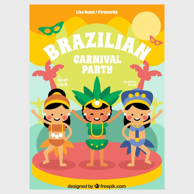 Vettore gratuito aletta di filatoio / manifesto brasiliano disegnato a mano del partito di carnevale