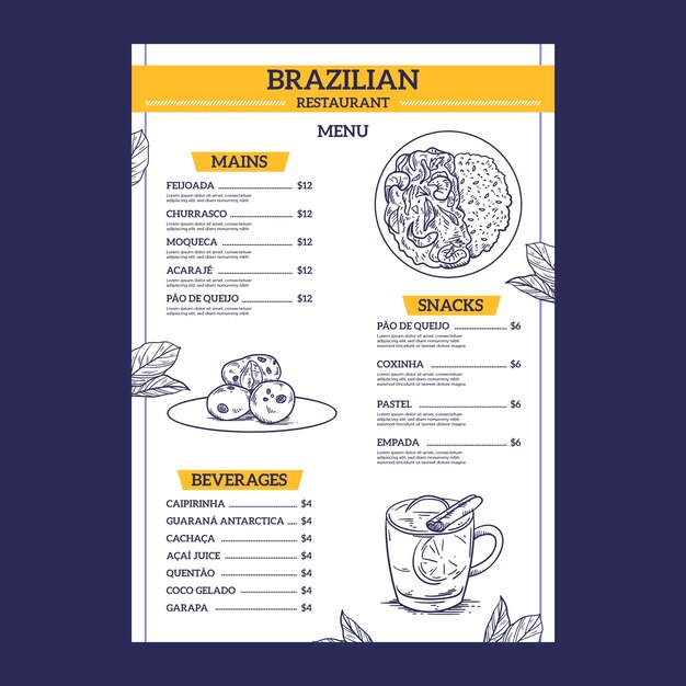 Vettore gratuito modello di menu del ristorante brasiliano disegnato a mano