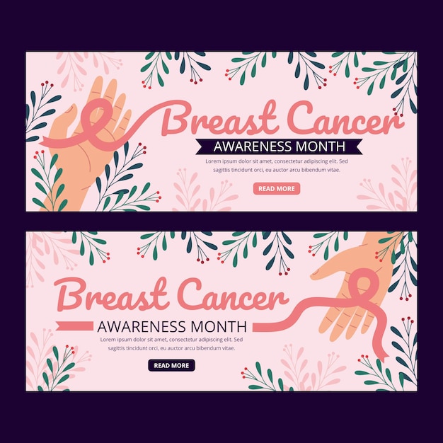 hand drawn breast cancer awareness month horizontal banners set