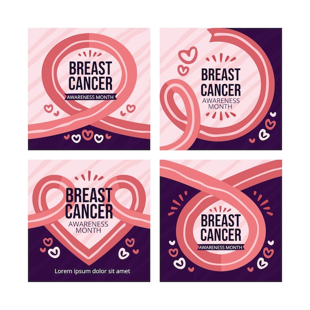 Hand drawn breast cancer awareness month instagram posts collection