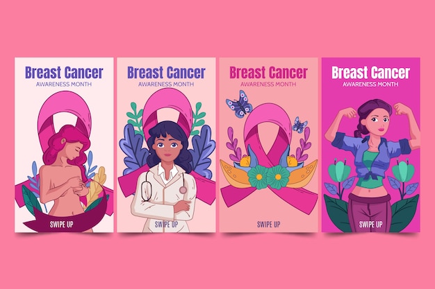 Нарисованная рукой коллекция историй instagram для месяца осведомленности о раке груди