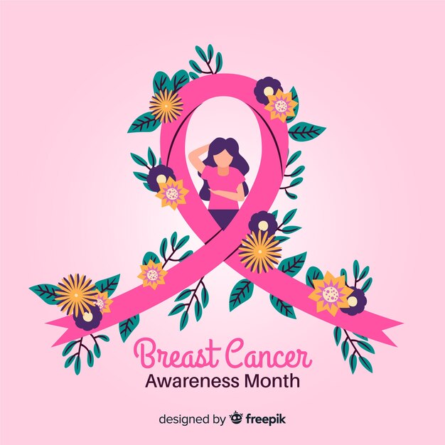 hand-drawn breast cancer awareness ribbon with flowers