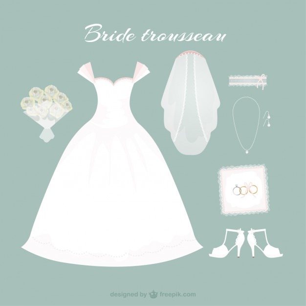 Vettore gratuito disegnato a mano abito sposa con accessori carini