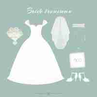 Free vector hand drawn bride dress with cute accessories