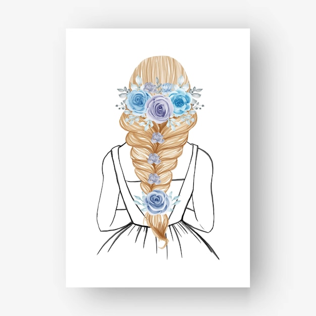 Free vector hand drawn bride with beautiful hairstyle flower blue watercolor illustration