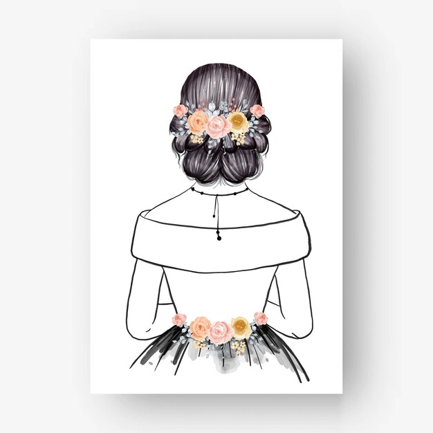 Hand drawn Bride with beautiful hairstyle flower watercolor illustration