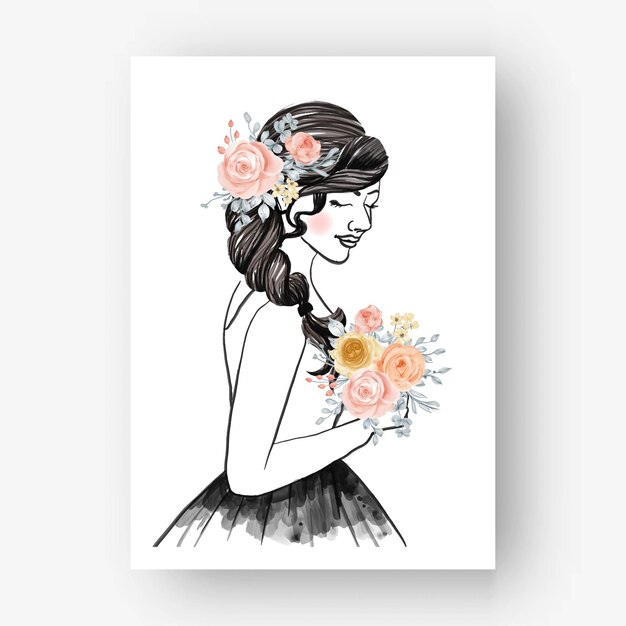 Hand drawn Bride with bouquet flower watercolor illustration