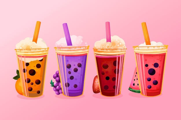 Bubble tea. Plastic cups with famous summer bubble asian tea, popular  taiwanese pearl milk with balls, soft boba drinks with delicious tapioca  sweet cold liquid dessert cartoon vector isolated set 6557374 Vector