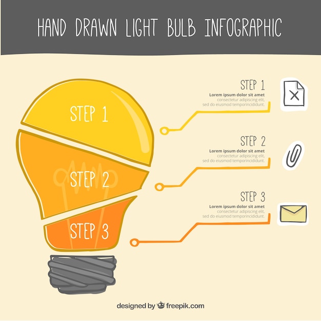 Hand-drawn lampadina modello infografica con tre gradini