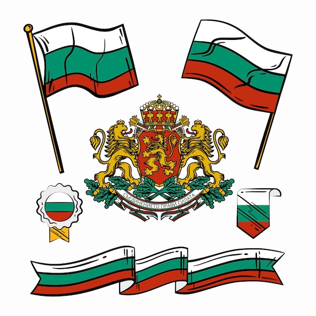 Hand drawn bulgarian flag and national emblems collection