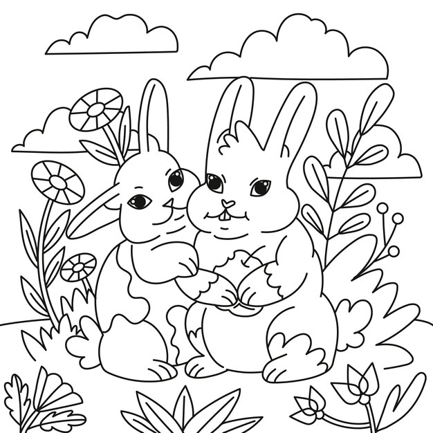 Hand drawn bunny  coloring book illustration