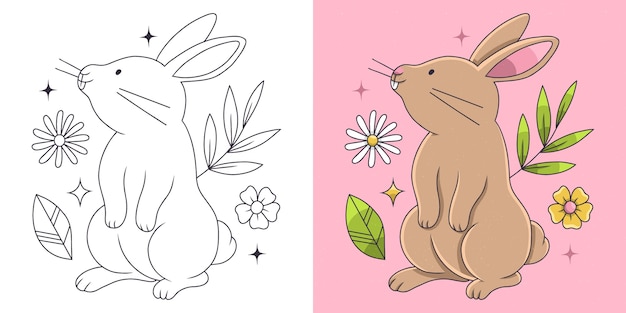 Hand drawn bunny coloring book illustration