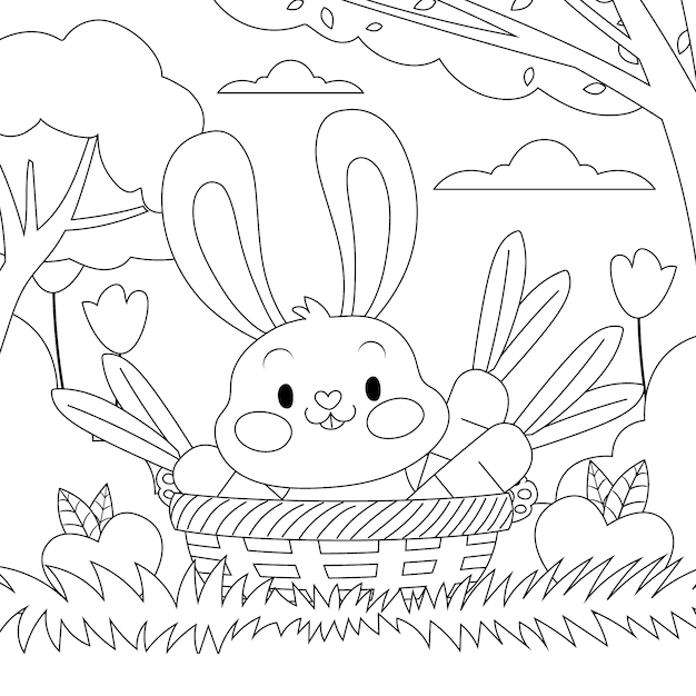 Hand drawn bunny coloring book illustration