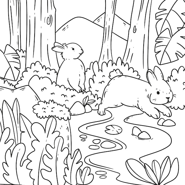 Hand drawn bunny coloring book illustration