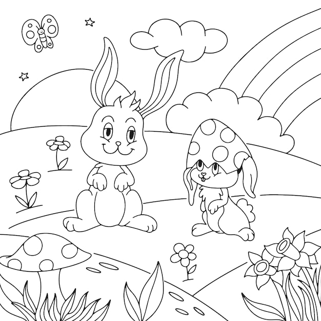 Hand drawn bunny coloring book illustration