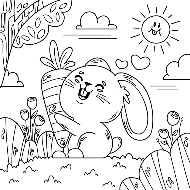 Hand drawn bunny coloring book illustration