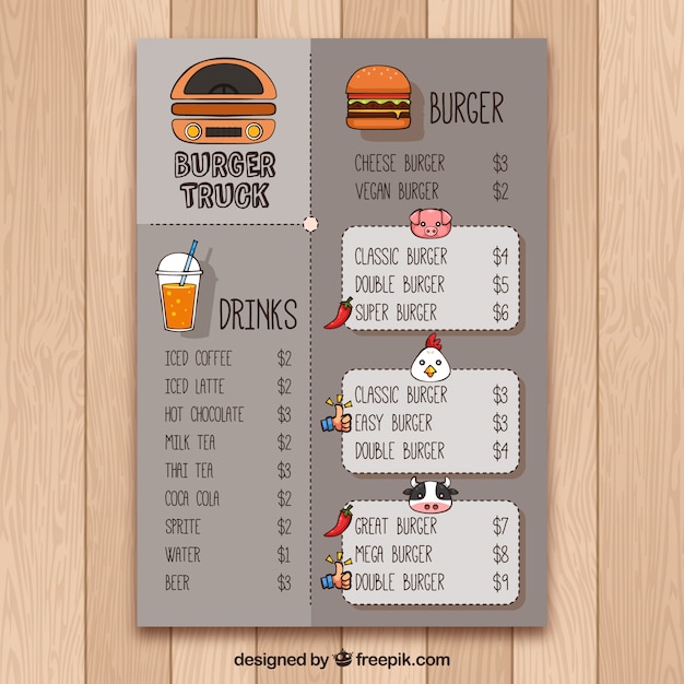 Vettore gratuito menu di camion degli alimenti di hamburger disegnati a mano