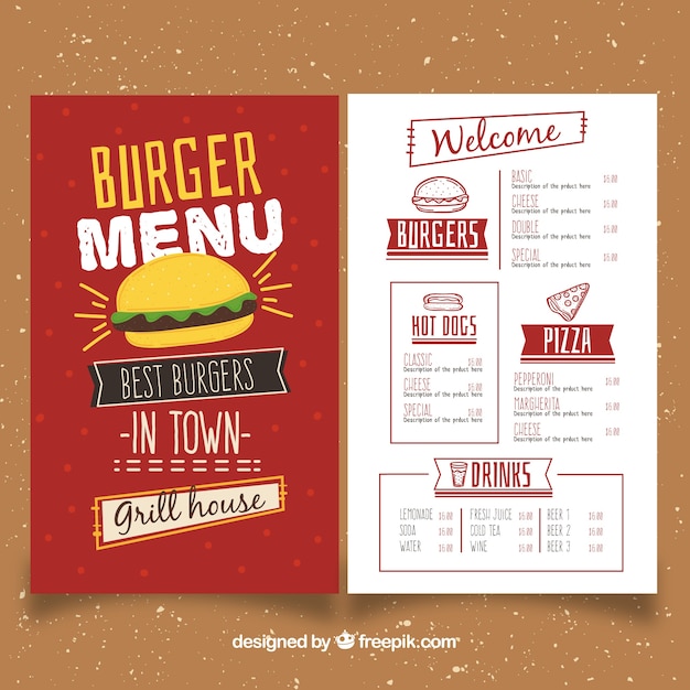 Modello di menu a base di hamburger a mano