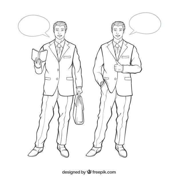Hand-drawn businessman characters with speech bubbles