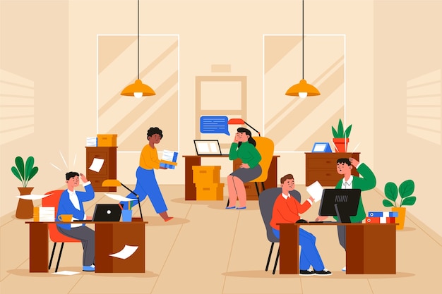 Free vector hand drawn busy office illustration