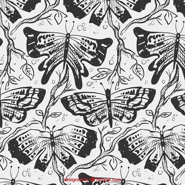 Hand drawn butterflies and branches pattern 