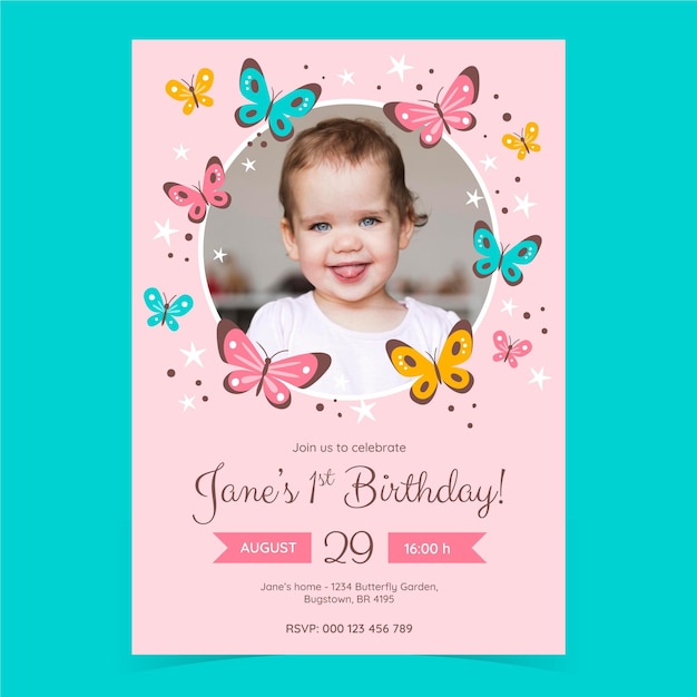 Free vector hand drawn butterfly birthday invitation template with photo