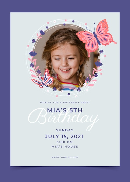 Free vector hand drawn butterfly birthday invitation template with photo