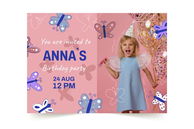 Free vector hand drawn butterfly birthday invitation template with photo