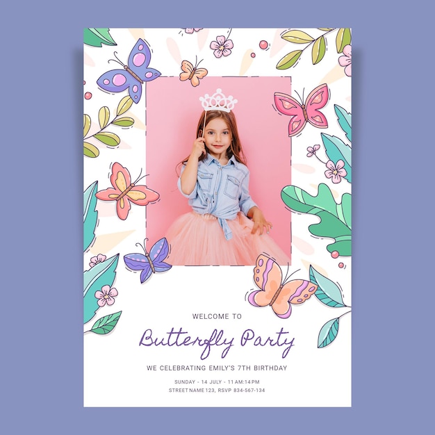 Hand drawn butterfly birthday invitation template with photo