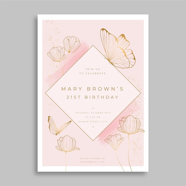 Free vector hand drawn butterfly birthday invitation template